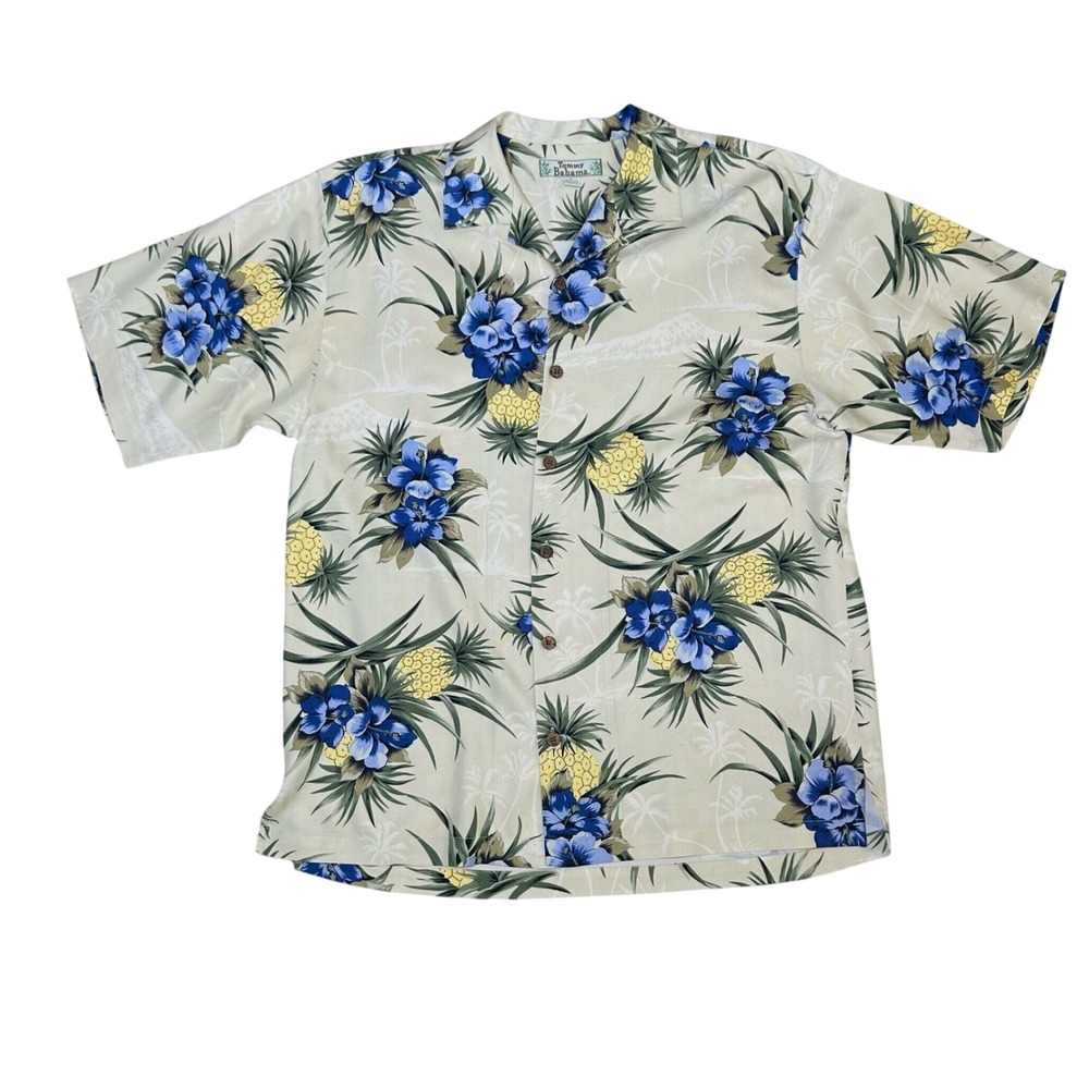 Tommy Bahama Mens Button Down Short Sleeve Shirt Cream Tropical Floral Silk M